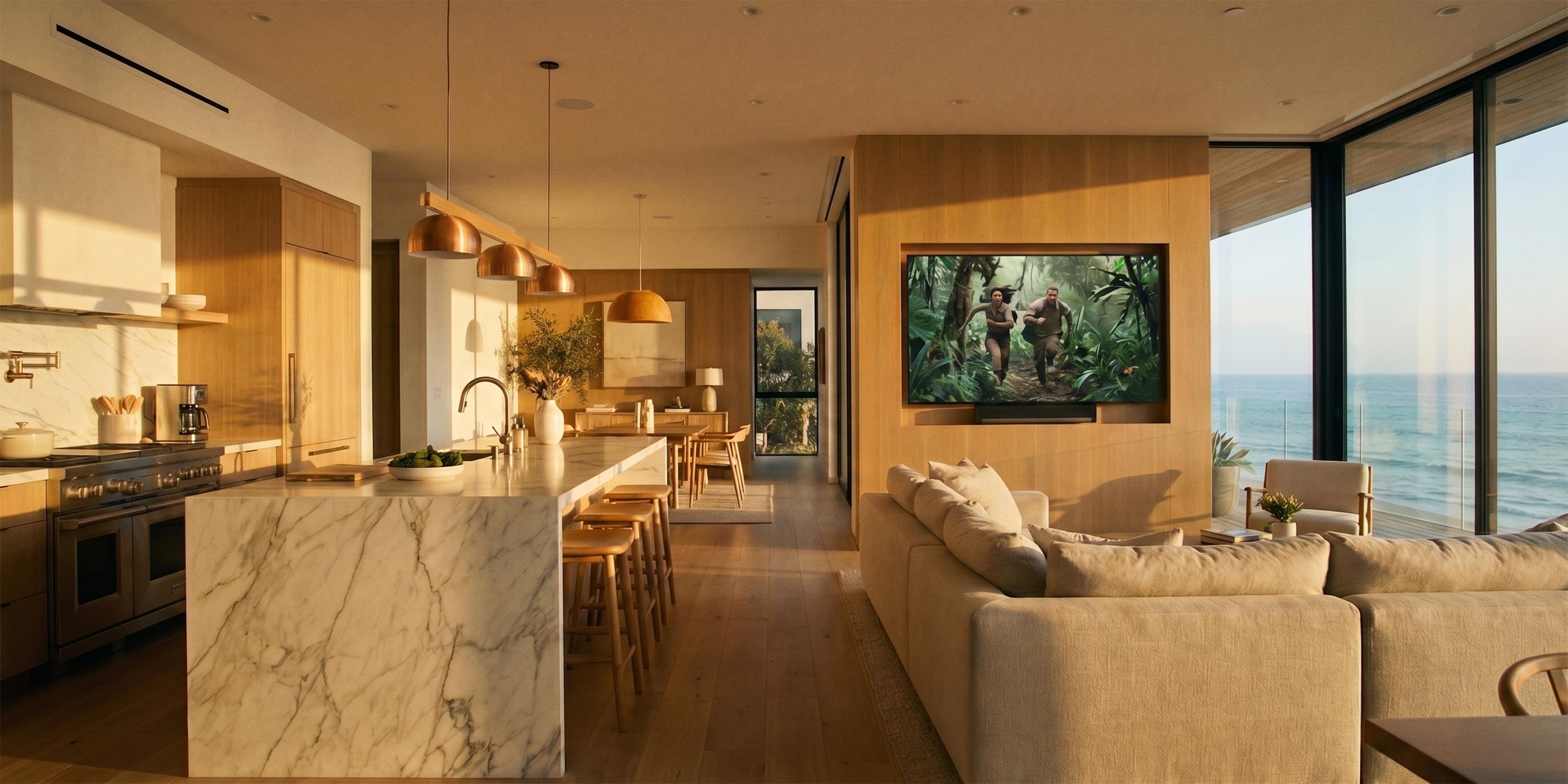 Open concept kitchen and living area bathed in golden afternoon sunlight by the ocean