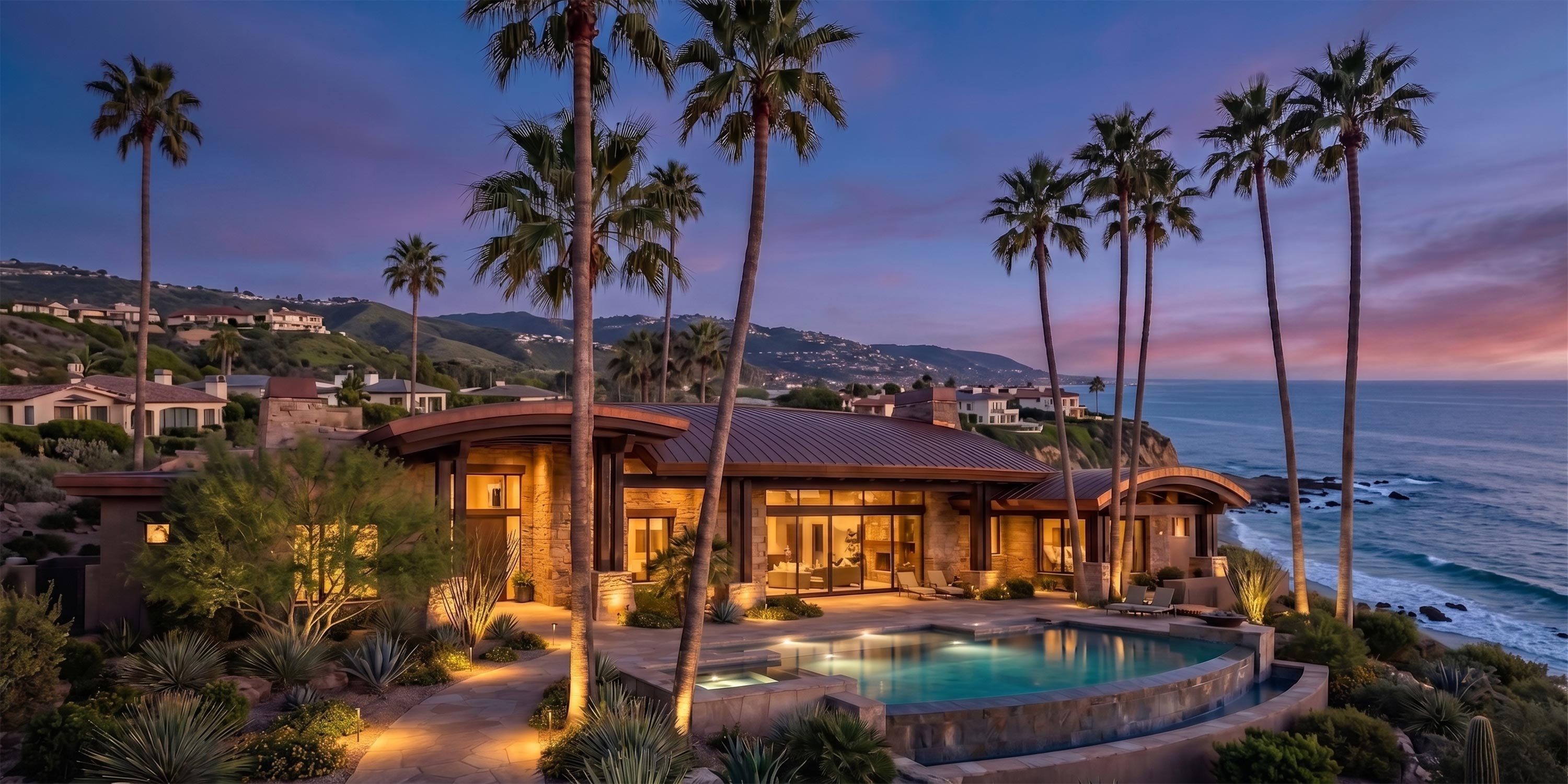 Coastal villa with a lit swimming pool surrounded by palm trees at sunset