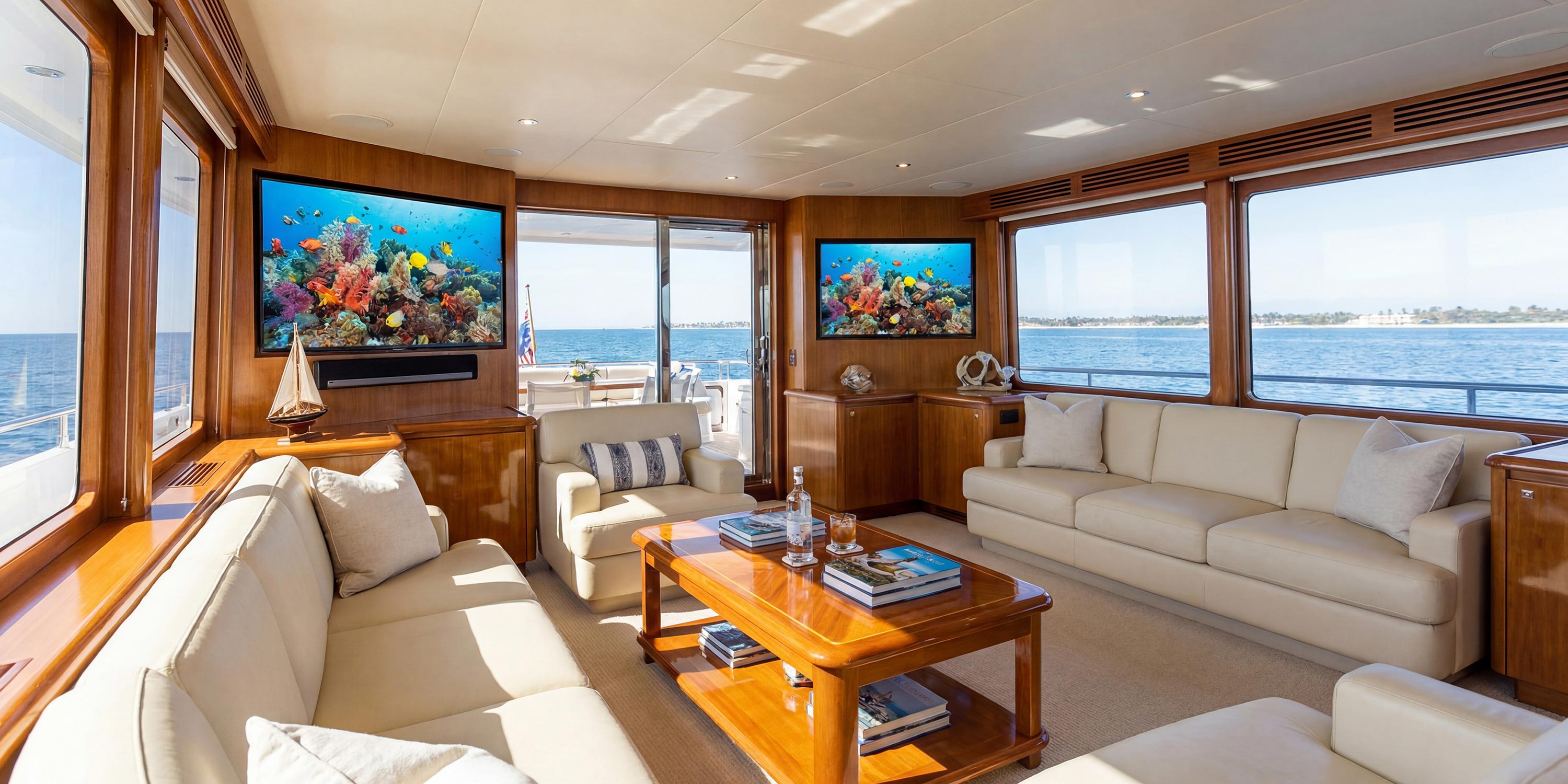 Elegant wood-paneled yacht salon with cream sofas and ocean views through large windows