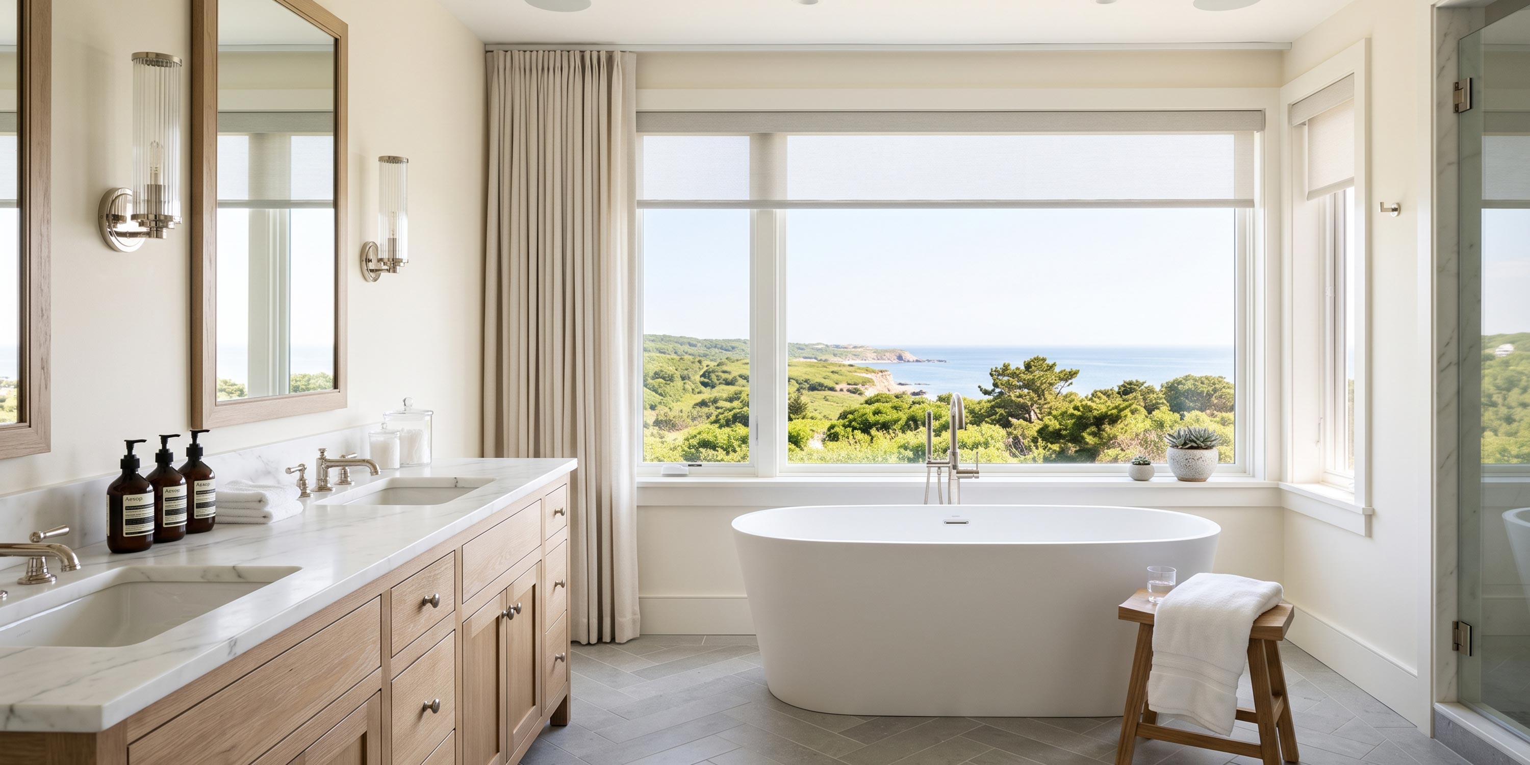 Bright modern bathroom with a freestanding tub and ocean view