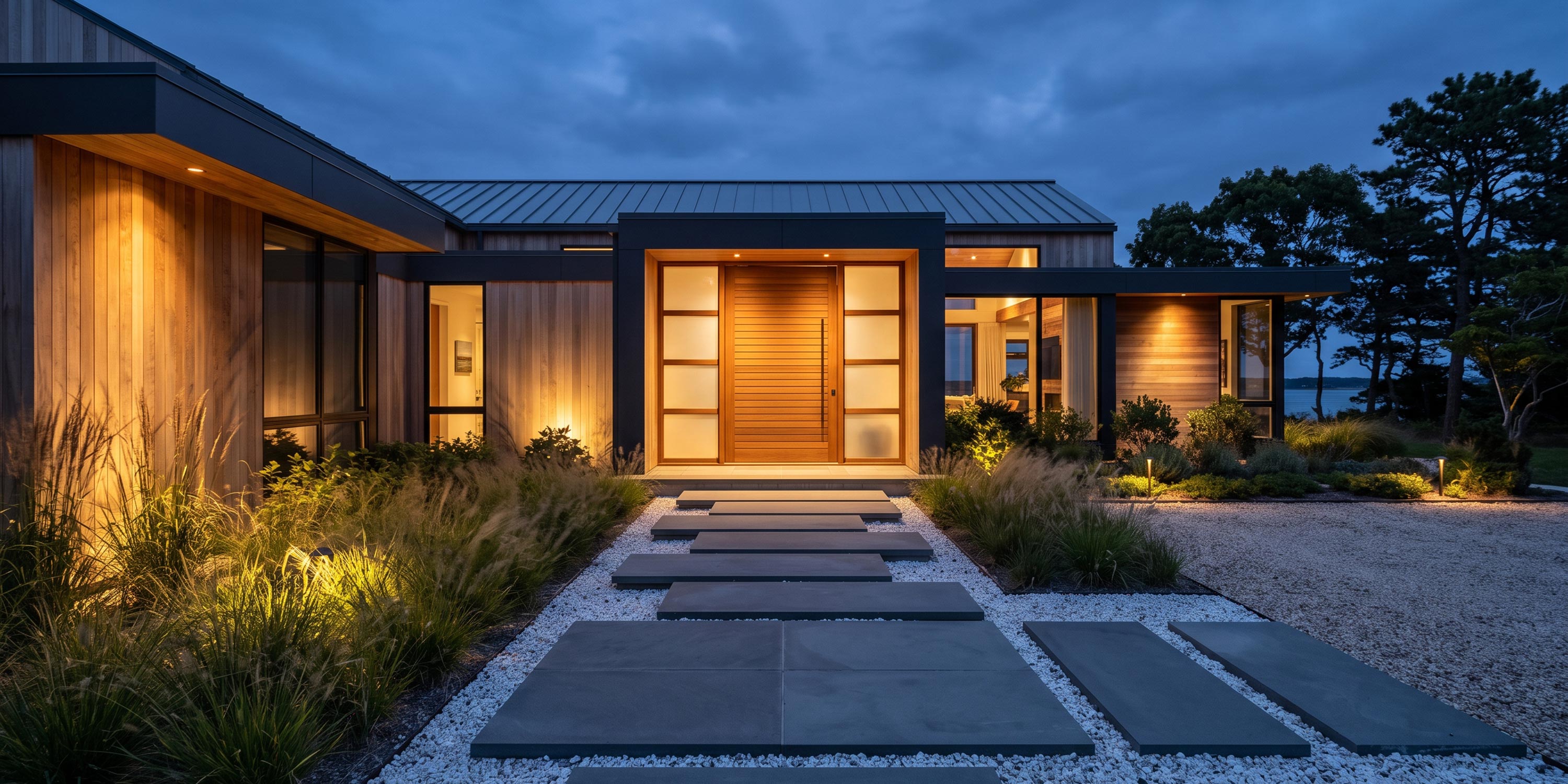 Illuminated modern home exterior at dusk with stone pathway