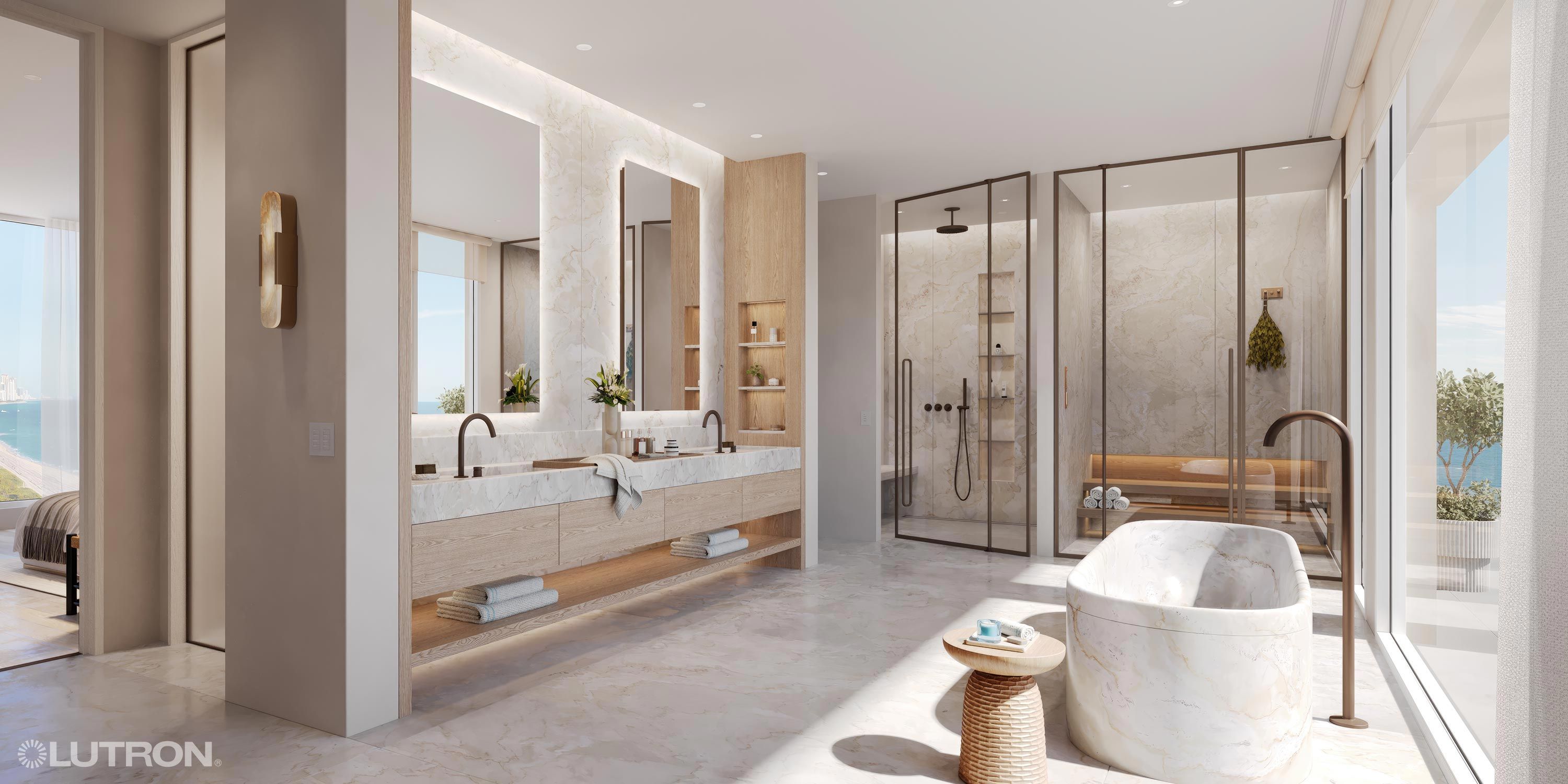 Luxurious modern bathroom with freestanding tub, dual vanities, and smart lighting